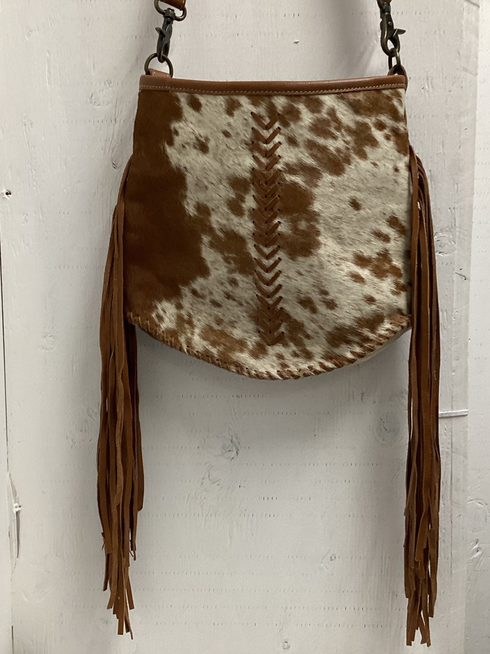 Myra Bag Brown and White Cowhide Fringe Crossbody with Braided Detail